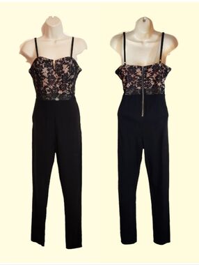 Material Girl Black Pink Lace Bustier Jumpsuit Large